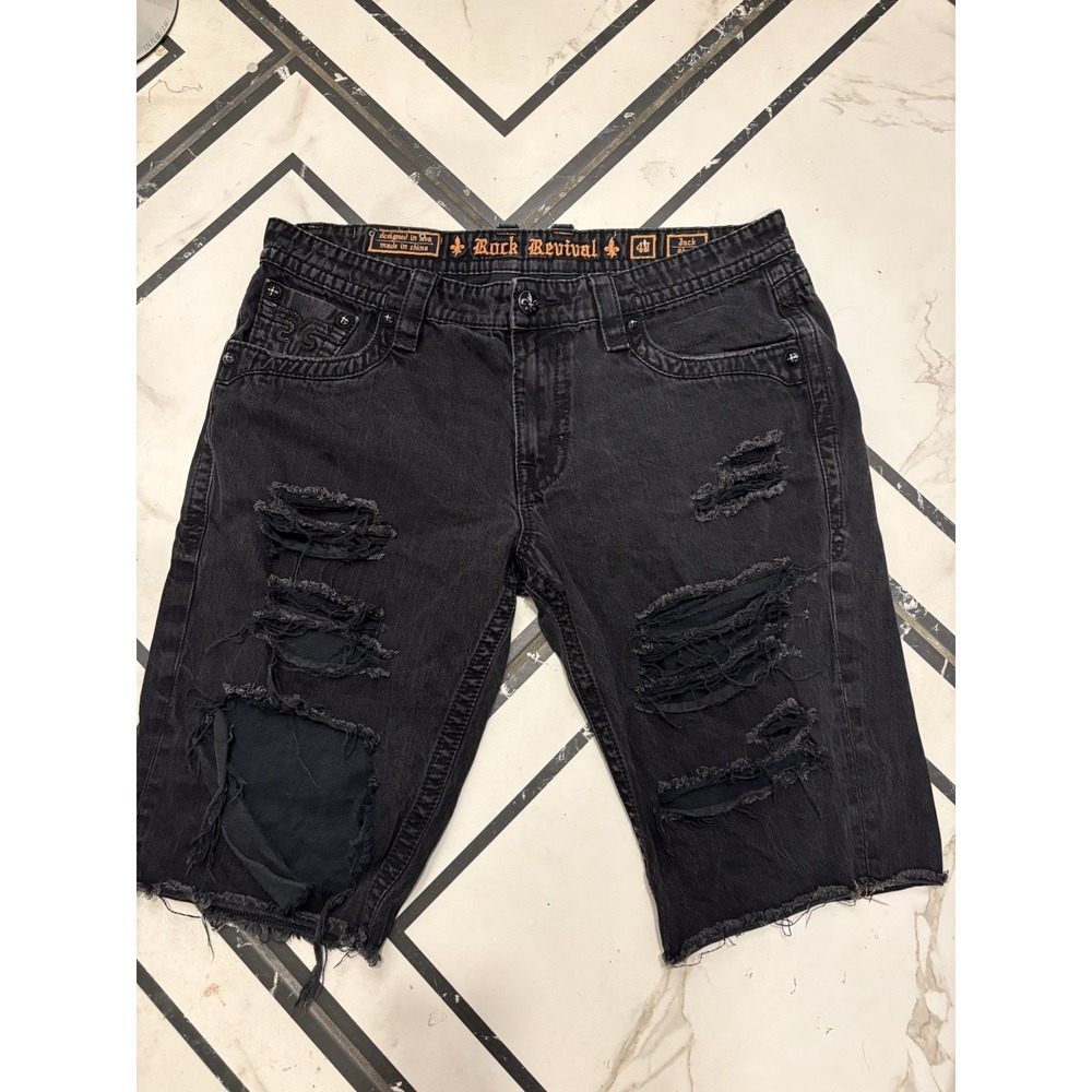Rock Revival Men's Distressed Embroidered Black Denim Jean Shorts Flat Front